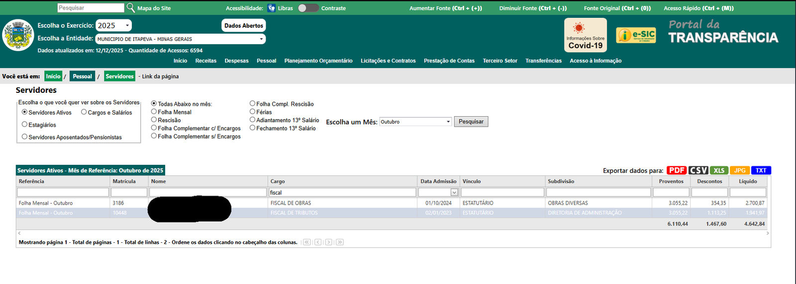 Print do Portal da Transparência de Itapeva mostrando apenas um servidor no cargo de Fiscal de Tributos