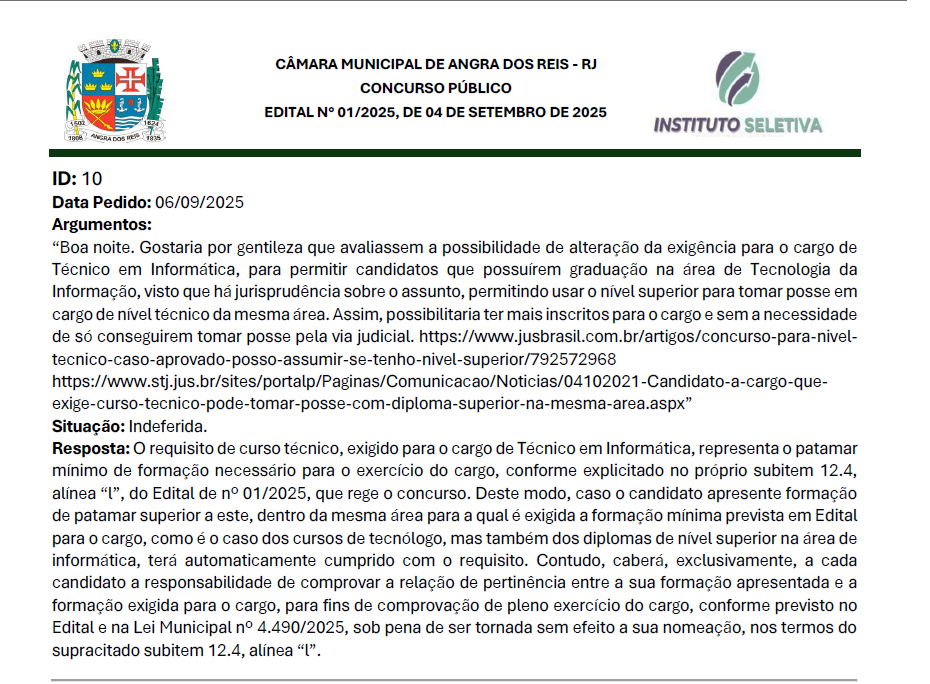 Documento da banca seletiva — Câmara Municipal de Angra dos Reis